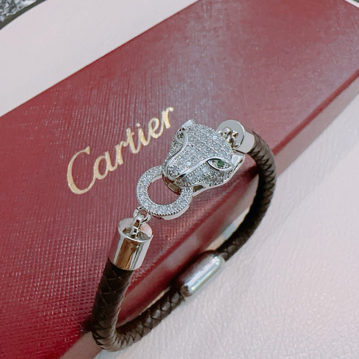 [Solara Jewelry ]CT パンサーヘッド クリスタル クラスプ 編み込みレザーブレスレット
