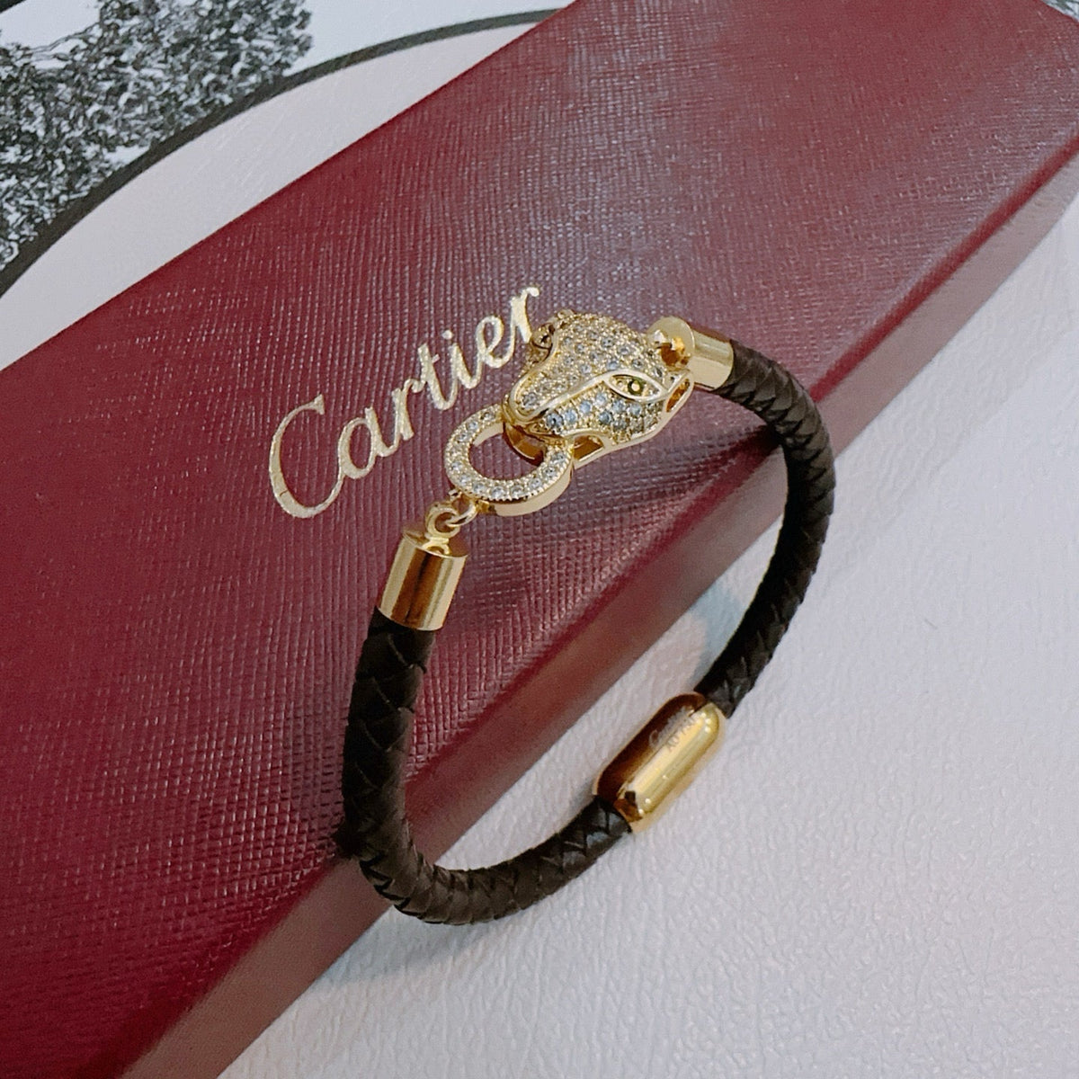 [Solara Jewelry ]CT パンサーヘッド クリスタル クラスプ 編み込みレザーブレスレット