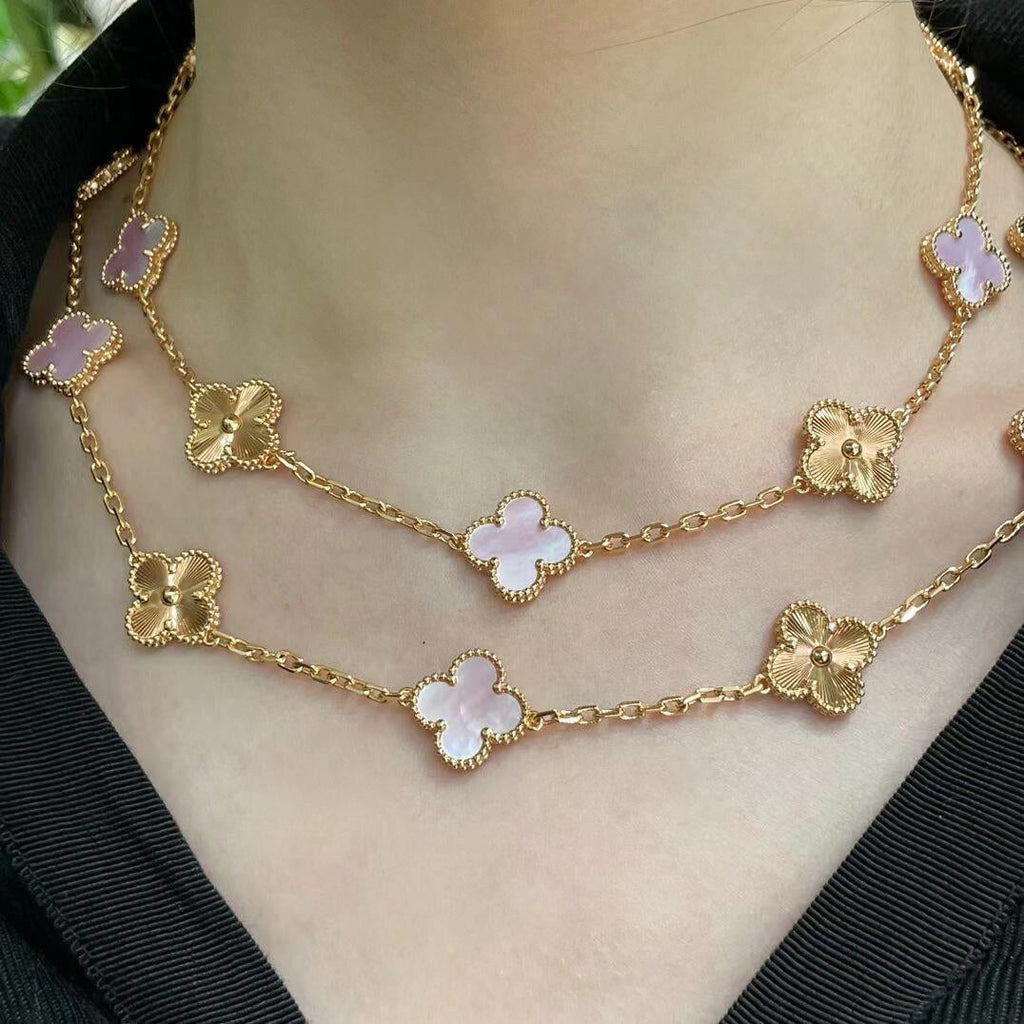 [Solara Jewelry ]CLOVER 20 MOTIFS LASER PINK MOP NECKLACE