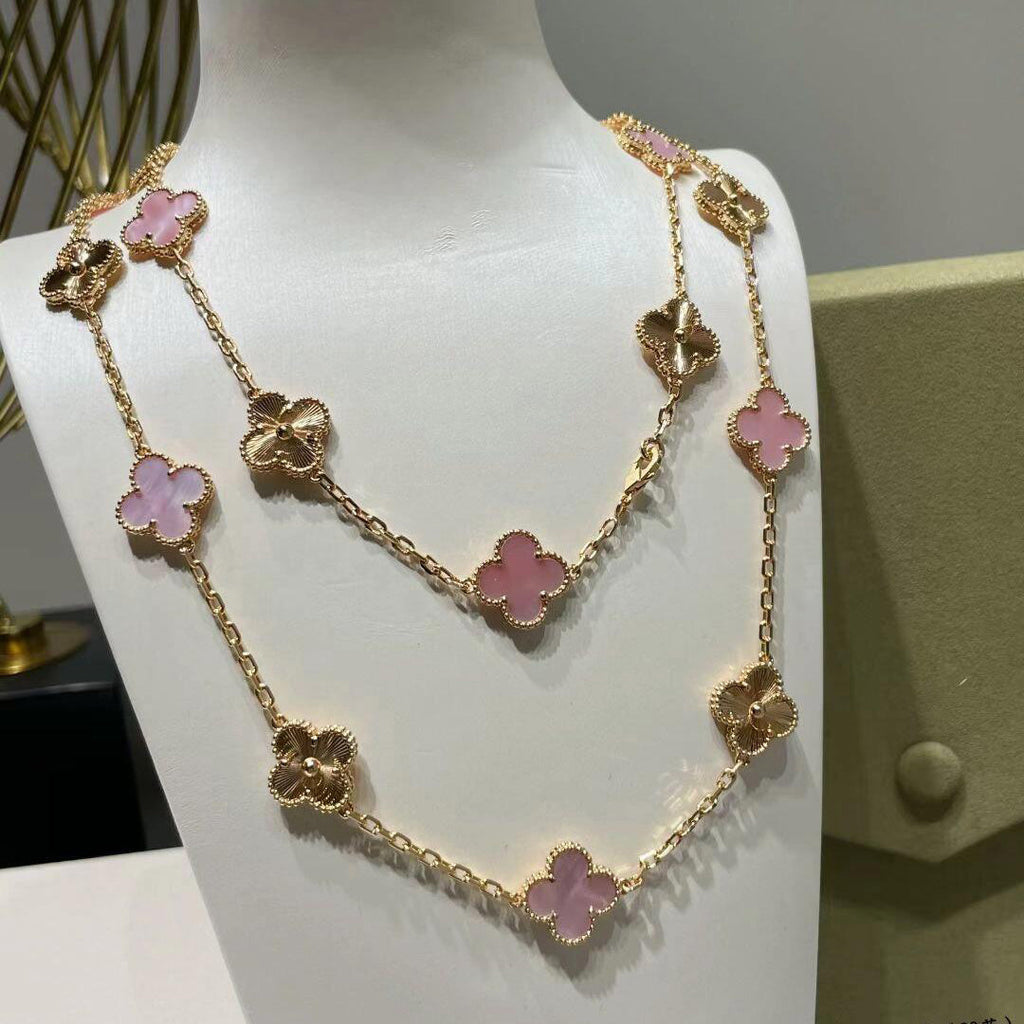 [Solara Jewelry ]CLOVER 20 MOTIFS LASER PINK MOP NECKLACE