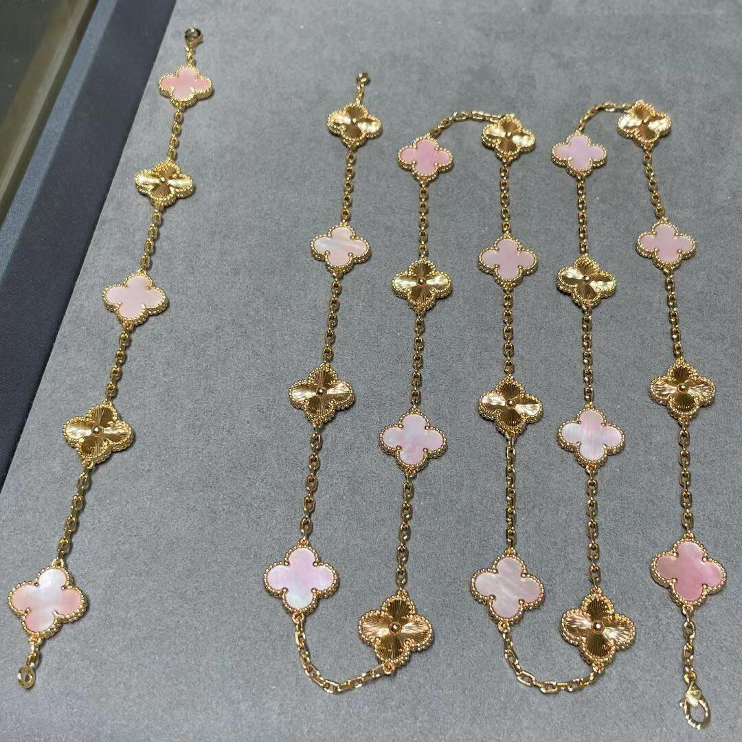 [Solara Jewelry ]CLOVER 20 MOTIFS LASER PINK MOP NECKLACE