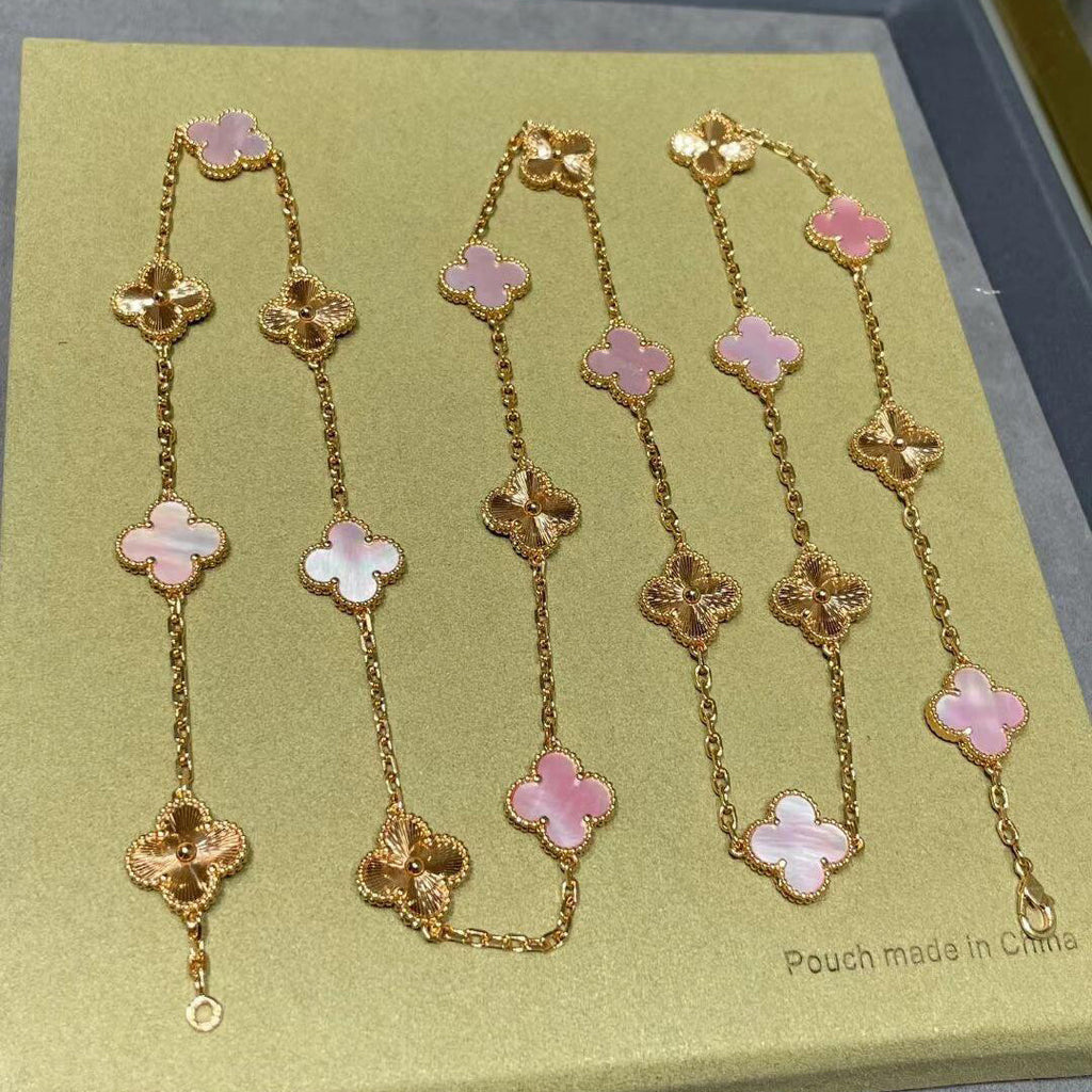 [Solara Jewelry ]CLOVER 20 MOTIFS LASER PINK MOP NECKLACE