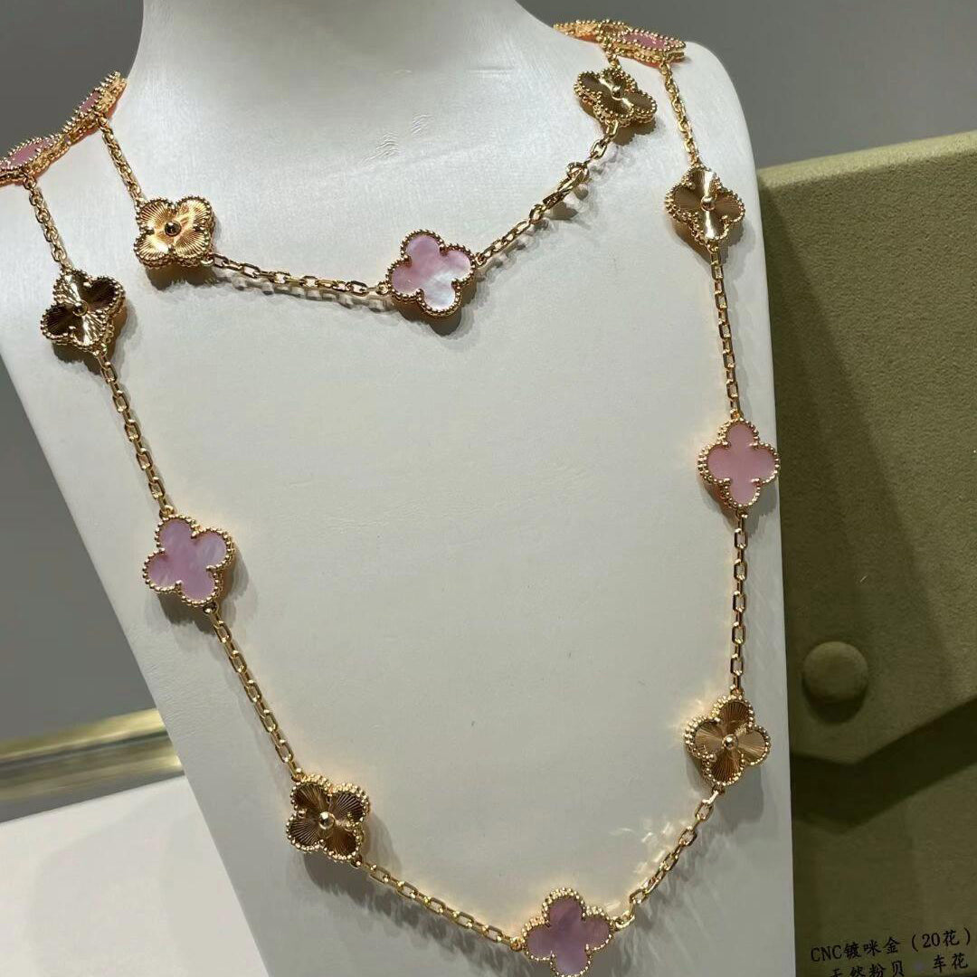 [Solara Jewelry ]CLOVER 20 MOTIFS LASER PINK MOP NECKLACE