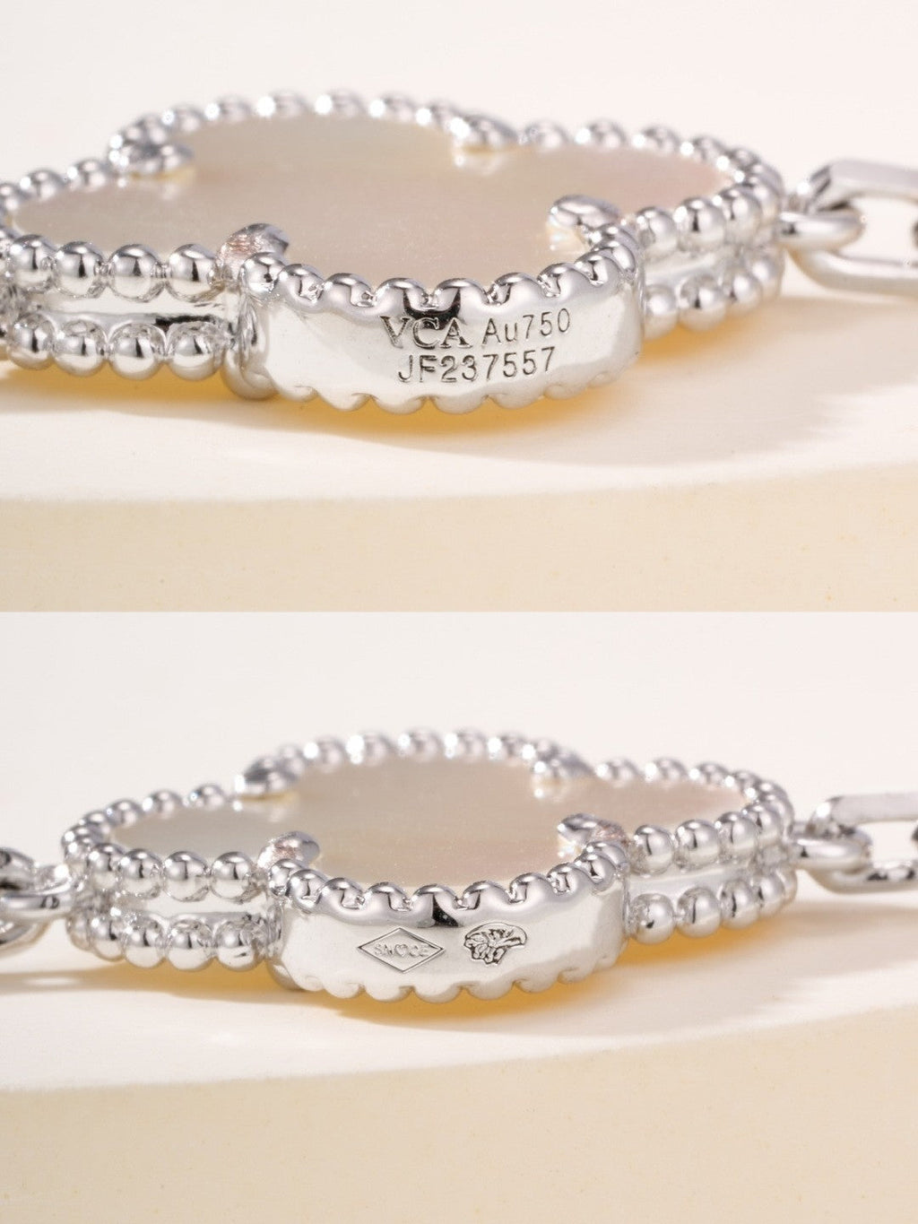 [Solara Jewelry ]Kleeblatt-Armband aus perlmuttfarbenen, lasergeschnittenen Silber mit 5 Mustern