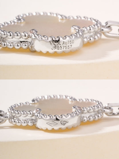 [Solara Jewelry ]Kleeblatt-Armband aus perlmuttfarbenen, lasergeschnittenen Silber mit 5 Mustern