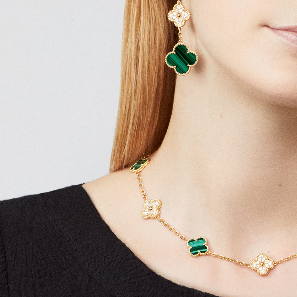 [Solara Jewelry ]CLOVER 10 MOTIFS MALACHITE DIAMOND NECKLACE