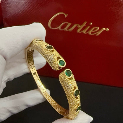 [Solara Jewelry] DOUBLE PANTHER HEAD EMERALD BANGLE BRACELET