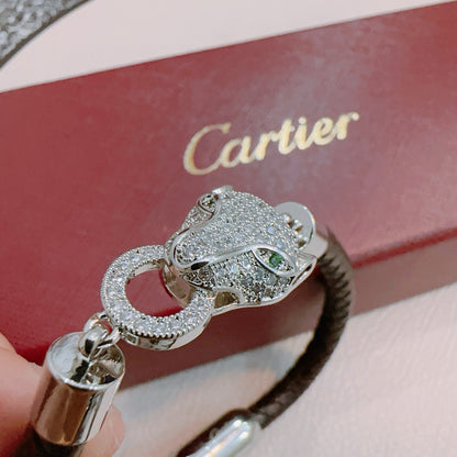 [Solara Jewelry ]CT パンサーヘッド クリスタル クラスプ 編み込みレザーブレスレット