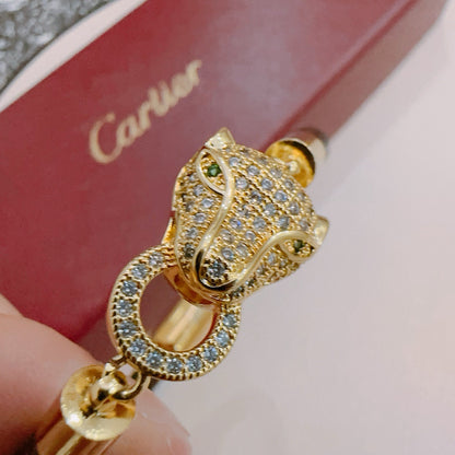 [Solara Jewelry ]CT パンサーヘッド クリスタル クラスプ 編み込みレザーブレスレット
