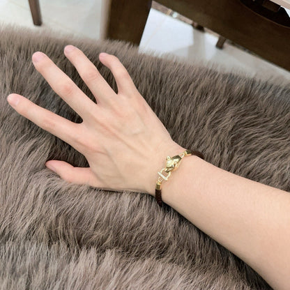 [Solara Jewelry ]CT Pantherkopf-Verschlussarmband mit geflochtenem Leder