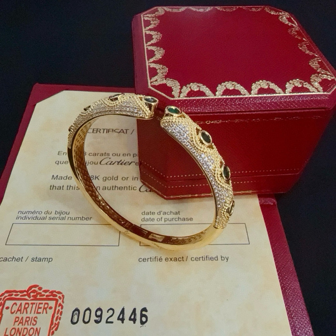 [Solara Jewelry] DOUBLE PANTHER HEAD EMERALD BANGLE BRACELET
