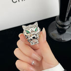 [Solara Jewelry ]CT Eleganter durchbrochener Pantherkopfring mit Smaragd