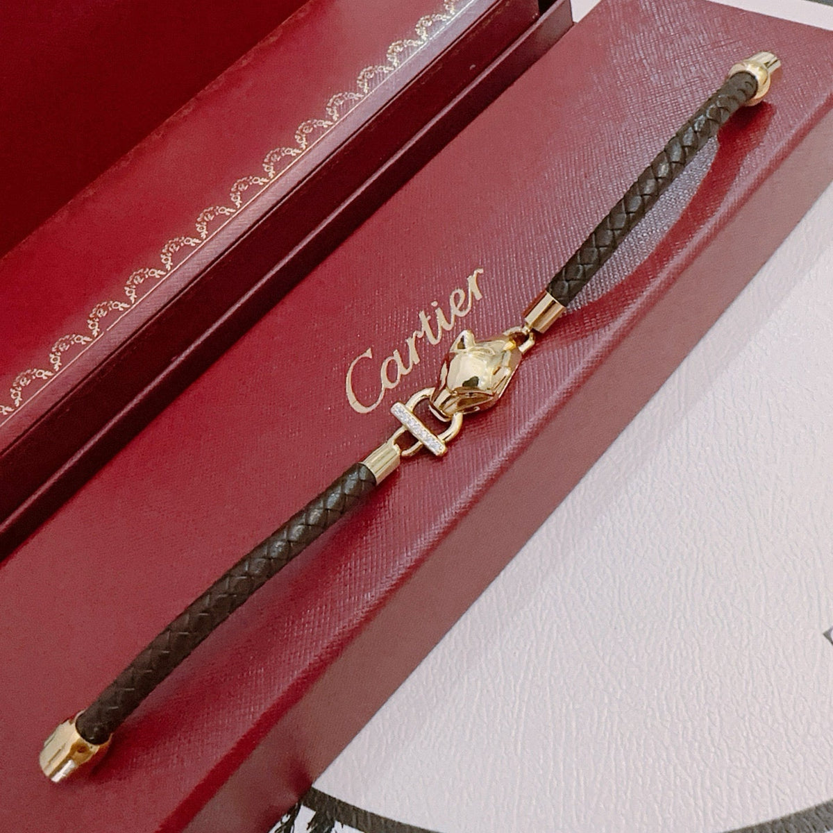 [Solara Jewelry ]CT Pantherkopf-Verschlussarmband mit geflochtenem Leder