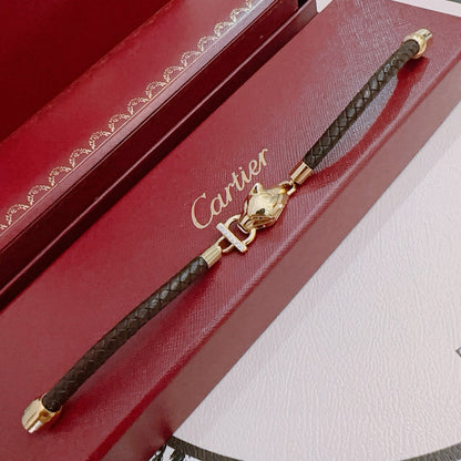 [Solara Jewelry ]CT Pantherkopf-Verschlussarmband mit geflochtenem Leder