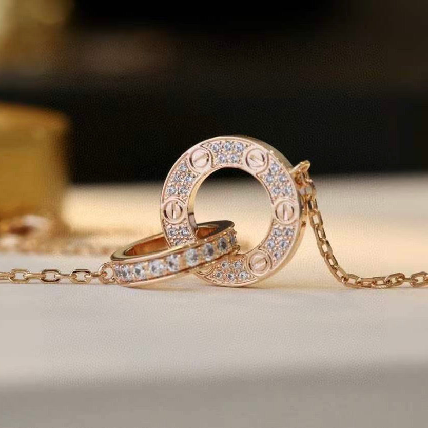 [Solara Jewelry ]LOVE 7.6MM NECKLACE ROSE GOLD AND SILVER  FULL DIAMOND