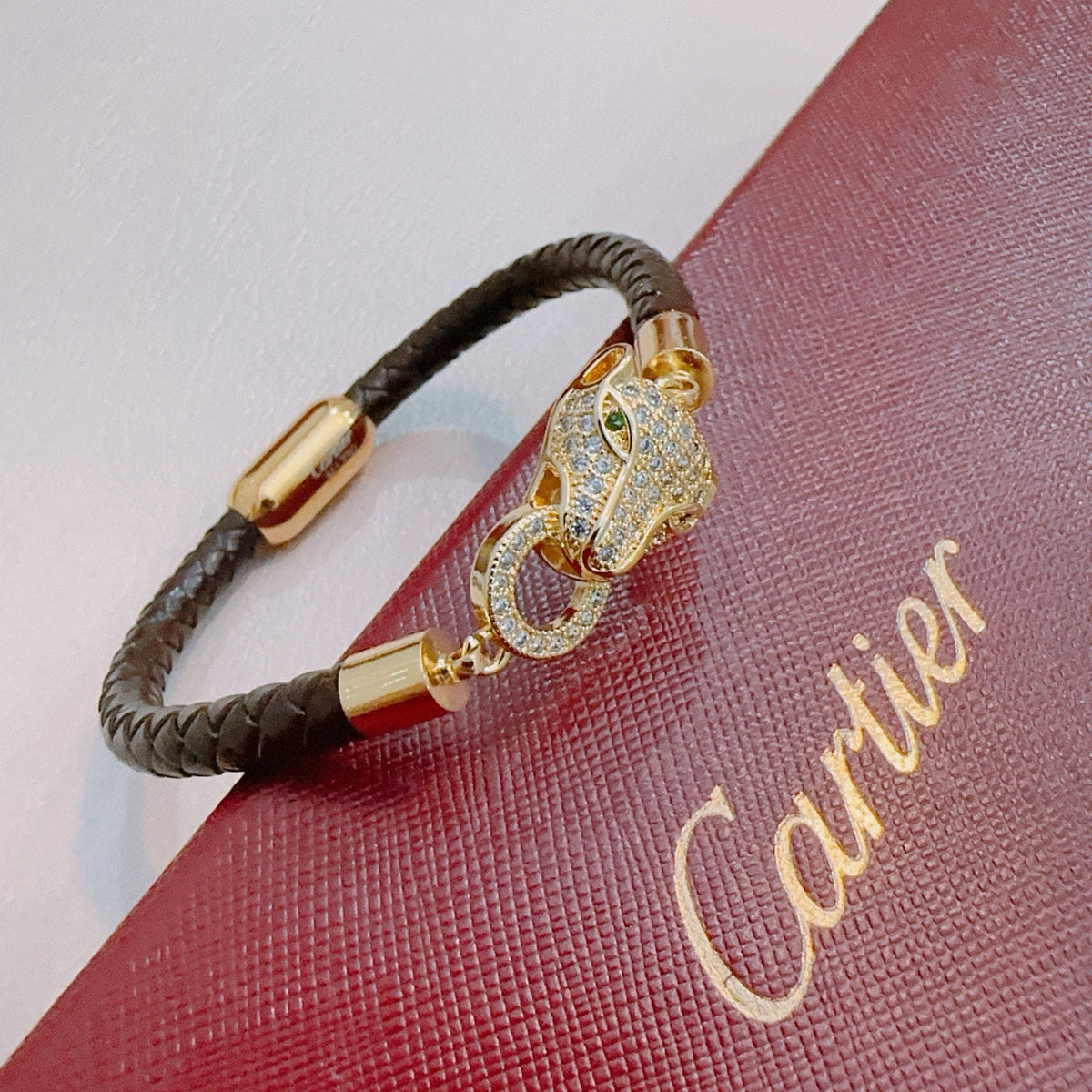 [Solara Jewelry ]CT パンサーヘッド クリスタル クラスプ 編み込みレザーブレスレット