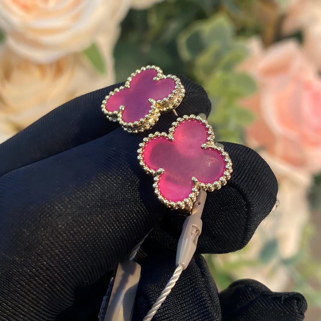 [Solara jewelry]NEW CLOVER 15MM PINK ENAMEL STUD EARRINGS