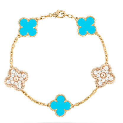 [Solara Jewelry ]クローバー 5モチーフ ターコイズ ダイヤモンド ゴールドブレスレット