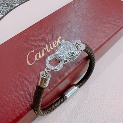 [Solara Jewelry ]CT パンサーヘッド クリスタル クラスプ 編み込みレザーブレスレット