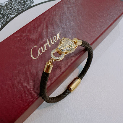 [Solara Jewelry ]CT パンサーヘッド クリスタル クラスプ 編み込みレザーブレスレット