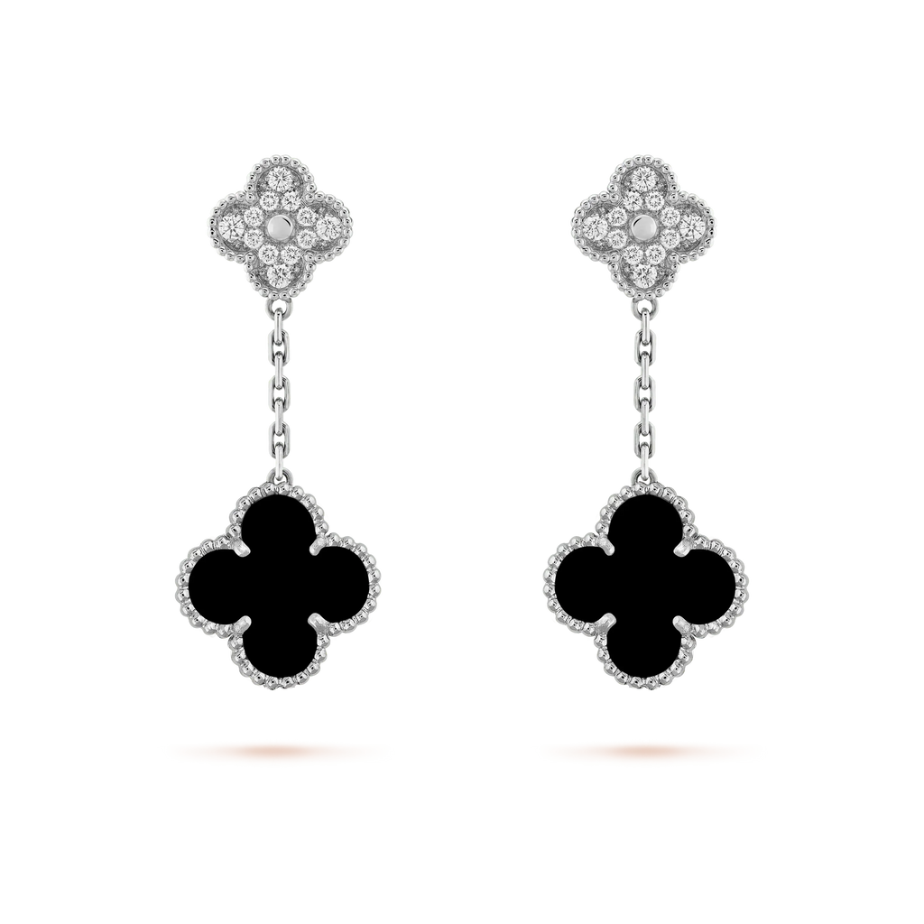 [Solara Jewelry ]クローバー 2モチーフ ダイヤモンド オニキス イヤリング シルバー