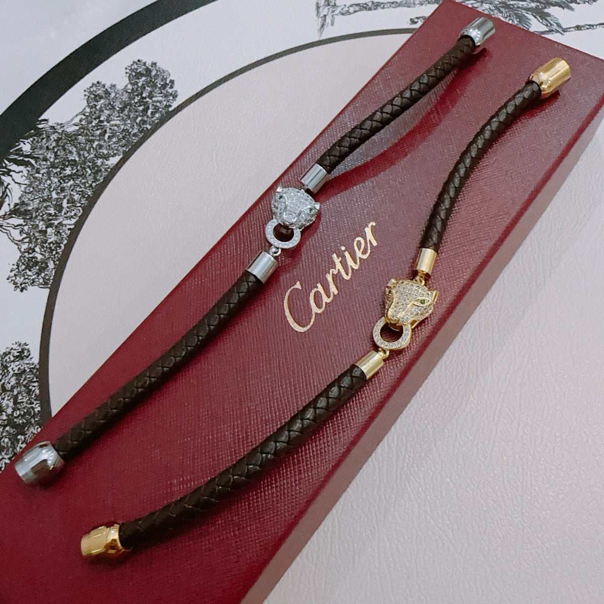 [Solara Jewelry ]CT パンサーヘッド クリスタル クラスプ 編み込みレザーブレスレット
