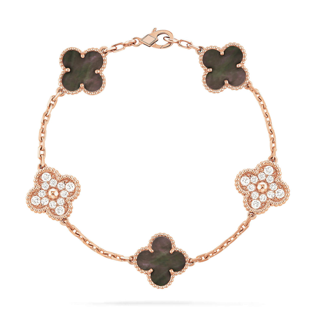 [Solara Jewelry ]クローバー 5モチーフ ダークマザーオブパール ダイヤモンド ピンクゴールド ブレスレット