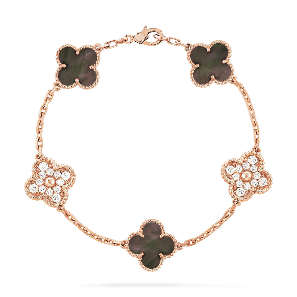 {"de": "[Solara Jewelry ]KLEE 5 MOTIVE DUNKLES PERLMUTT UND DIAMANTEN ROSÉGOLD ARMBAND"}