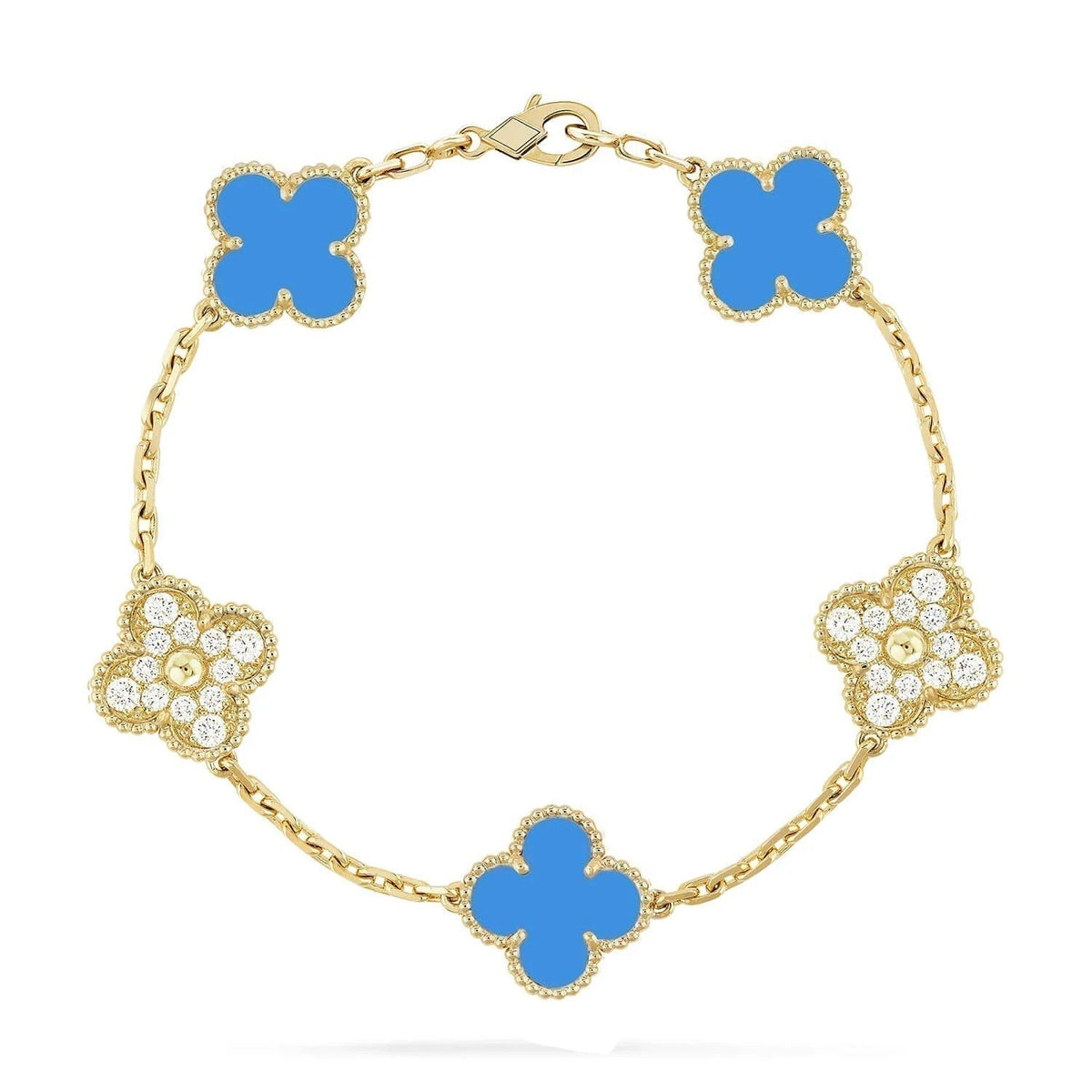 [Solara Jewelry ]クローバー 5モチーフ ブルーカルセドニー ダイヤモンド ゴールドブレスレット