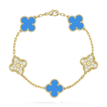 [Solara Jewelry ]クローバー 5モチーフ ブルーカルセドニー ダイヤモンド ゴールドブレスレット