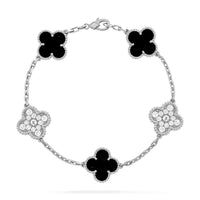 [Solara Jewelry ]CLOVER 5 MOTIF ONYXS DIAMOND BRACELET SILVER