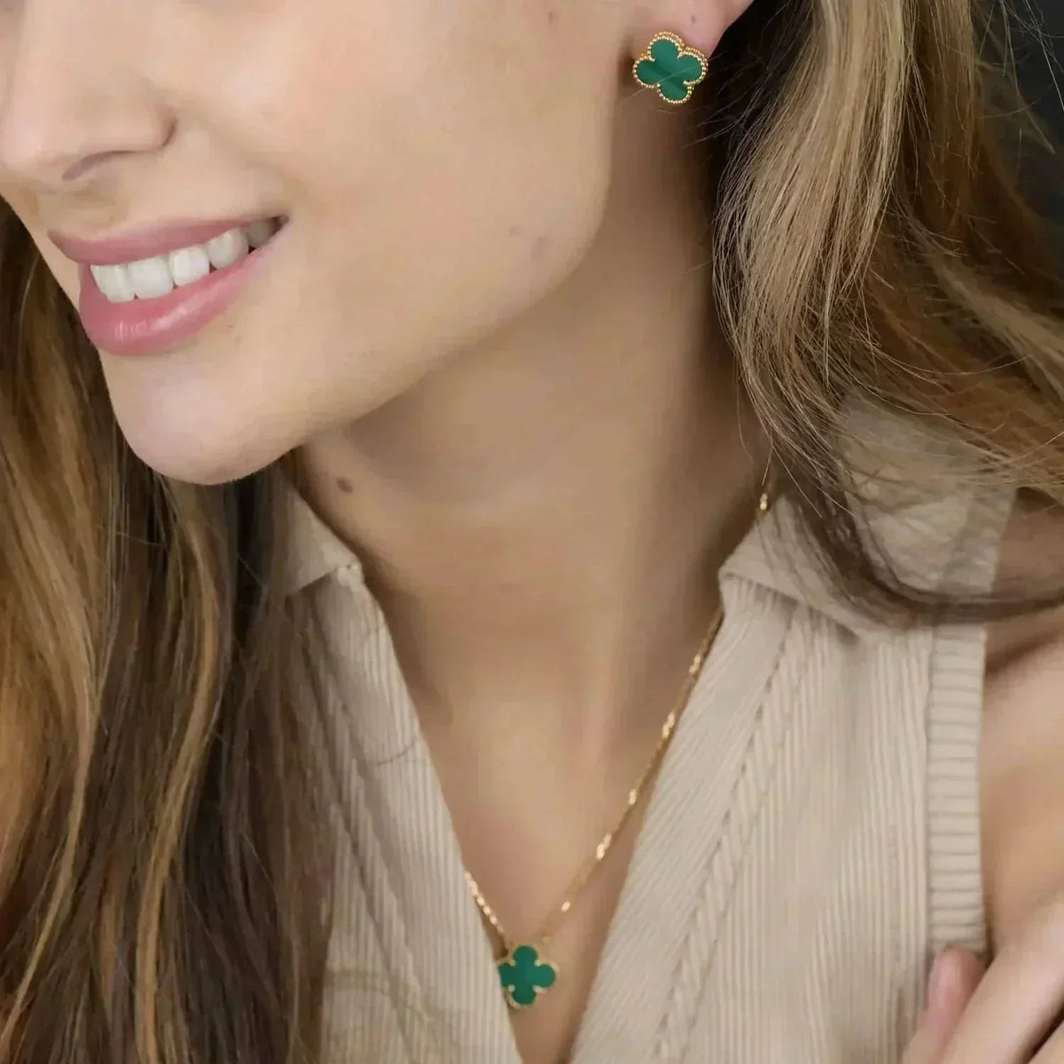 [Solara Jewelry ]CLOVER MINI 9.5MM MALACHITE  EARRINGS