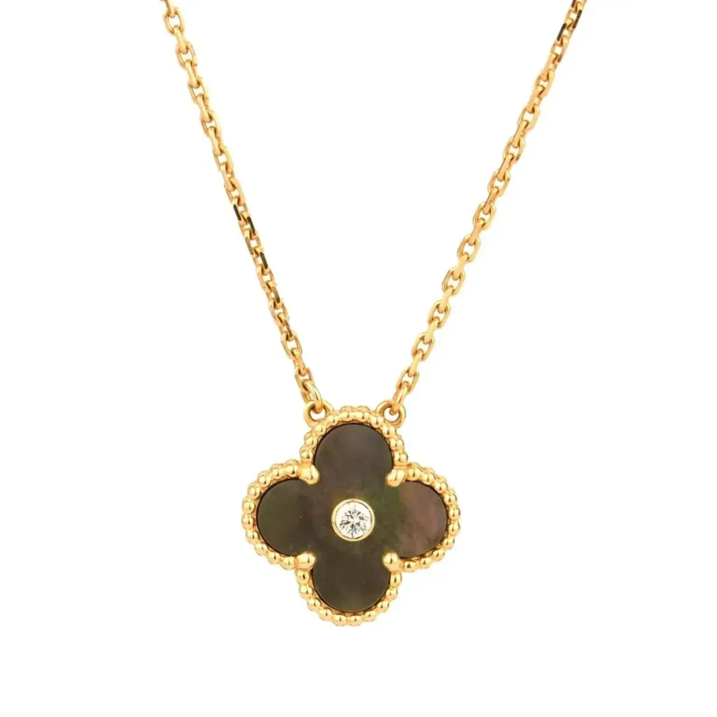 [Solara Jewelry] クローバー 15MM ダイヤモンド & グレーマザーオブパール ネックレス