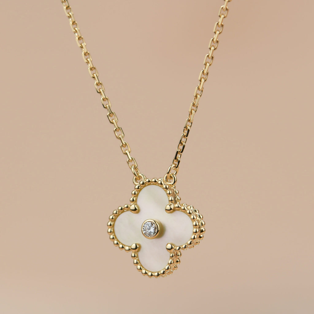 [Solara Jewelry ]クローバー 15MM ダイヤモンド ゴールド マザーオブパール ネックレス