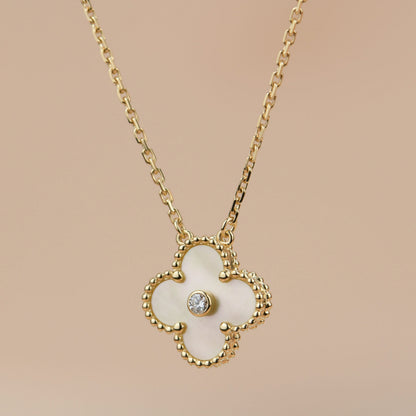 [Solara Jewelry ]CLOVER 15MM DIAMOND GOLD MOTHER OF PEARL NECKLACE