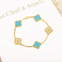 [Solara Jewelry ]CLOVER 5 MOTIF TURQUOISE DIAMOND GOLD BRACELET