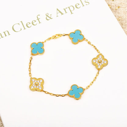 [Solara Jewelry ]クローバー 5モチーフ ターコイズ ダイヤモンド ゴールドブレスレット