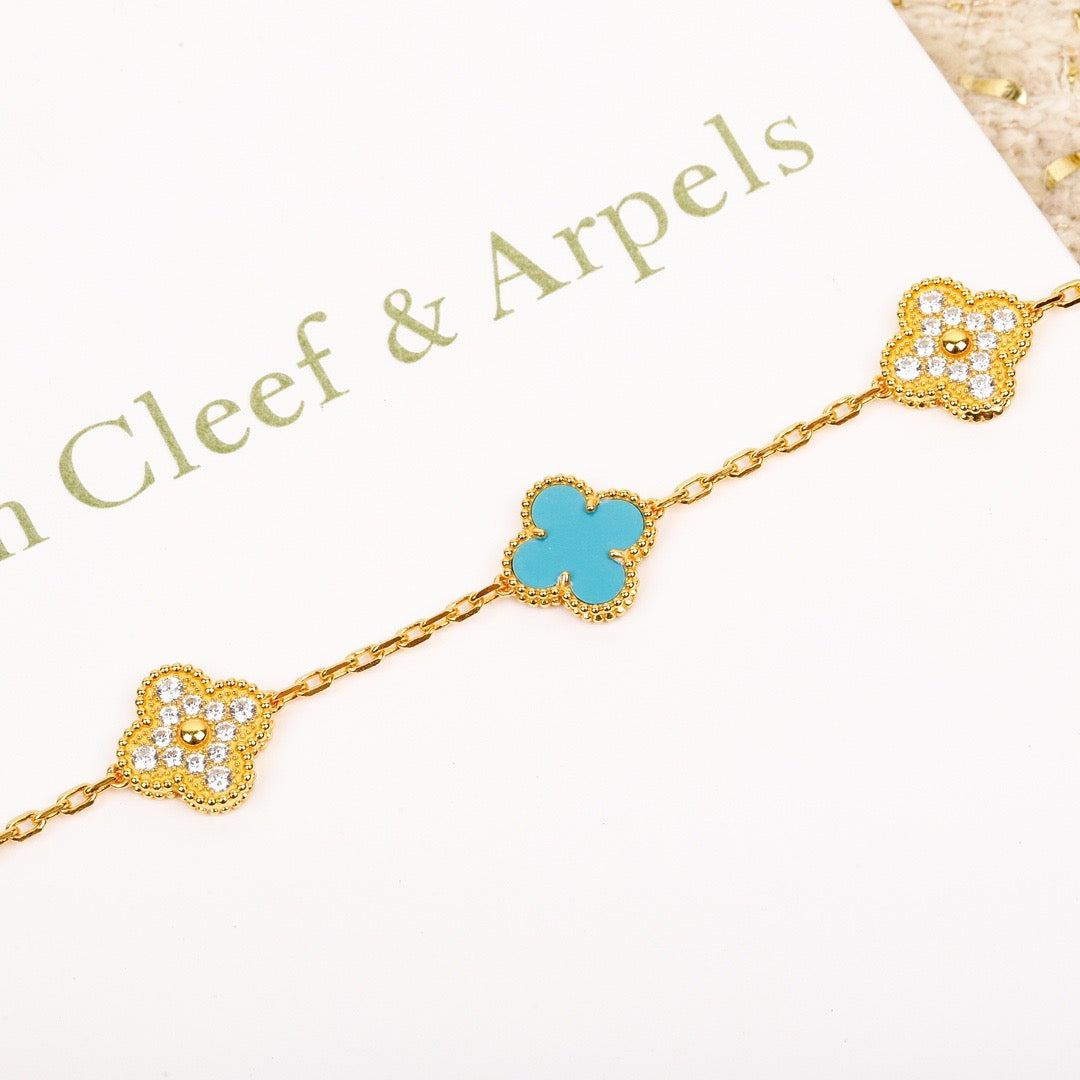 [Solara Jewelry ]クローバー 5モチーフ ターコイズ ダイヤモンド ゴールドブレスレット