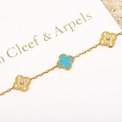 [Solara Jewelry ]クローバー 5モチーフ ターコイズ ダイヤモンド ゴールドブレスレット