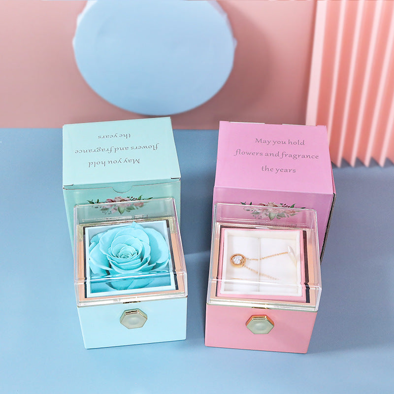 KREATIVE DREHBARE GESCHENKBOX FÜR KONSERVIERTE ROSEN MIT SCHMUCKFÄCHCHEN (OHNE LOGO)