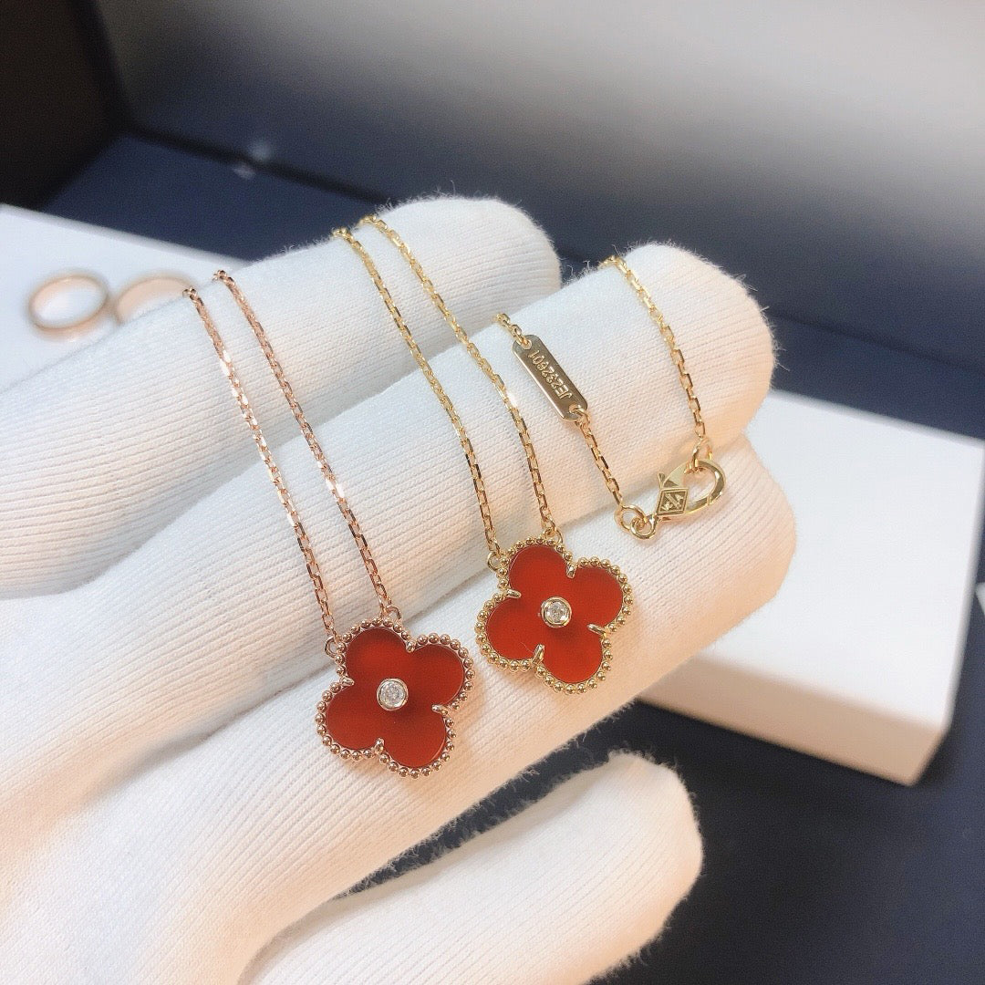 [Solara Jewelry ]クローバー 15mm ダイヤモンド カーネリアン ネックレス