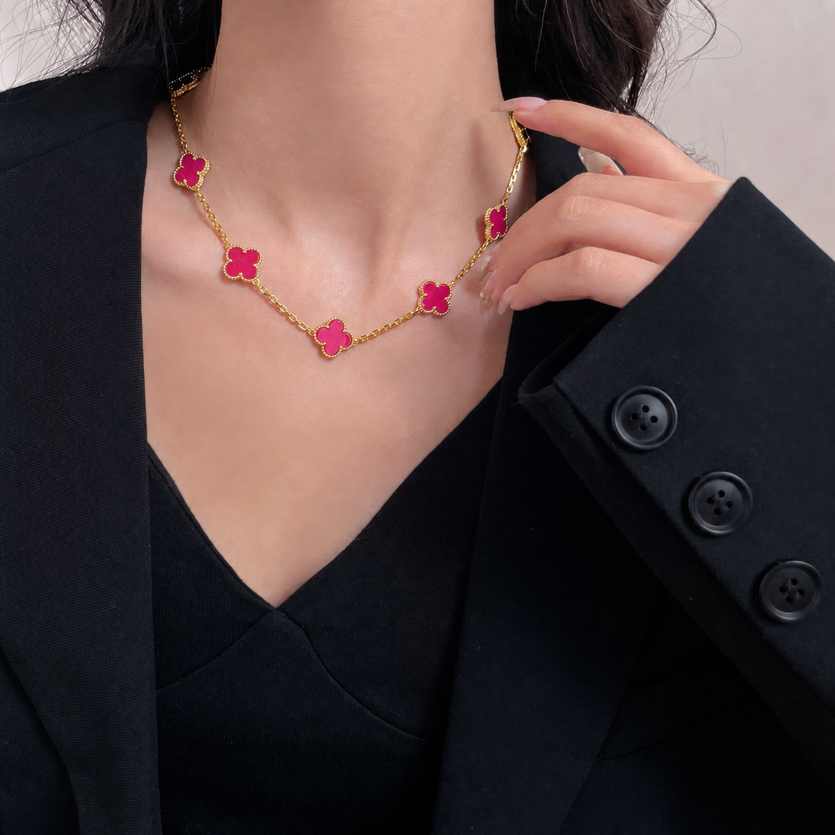 [Solara jewelry]NEW CLOVER 10 MOTIFS PINK ENAMEL NECKLACE