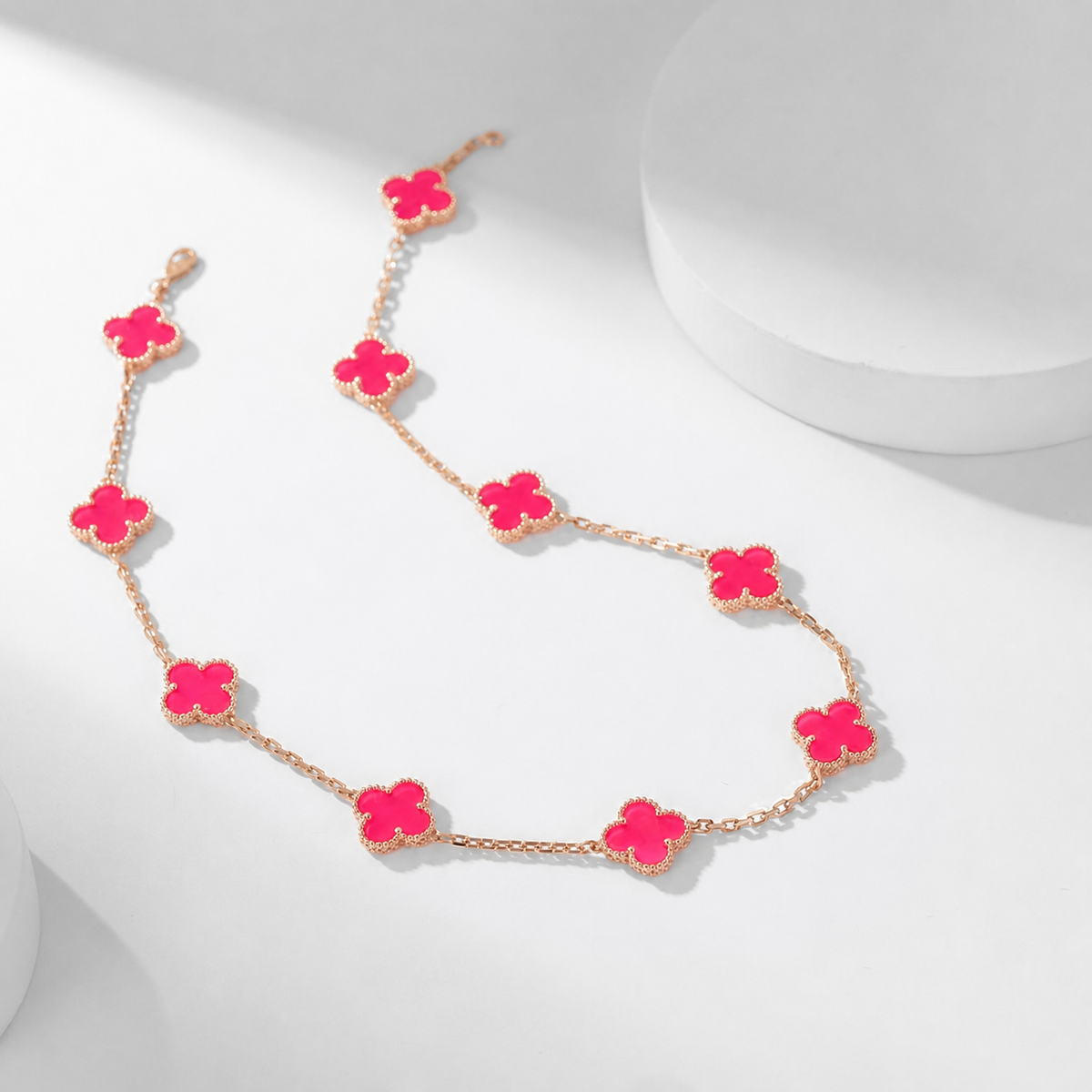 [Solara jewelry]NEW CLOVER 10 MOTIFS PINK ENAMEL NECKLACE