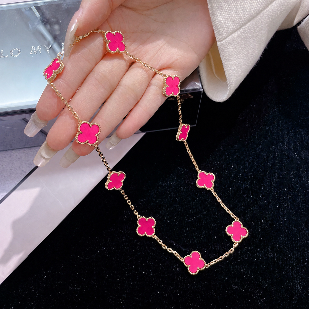 [Solara jewelry]NEW CLOVER 10 MOTIFS PINK ENAMEL NECKLACE
