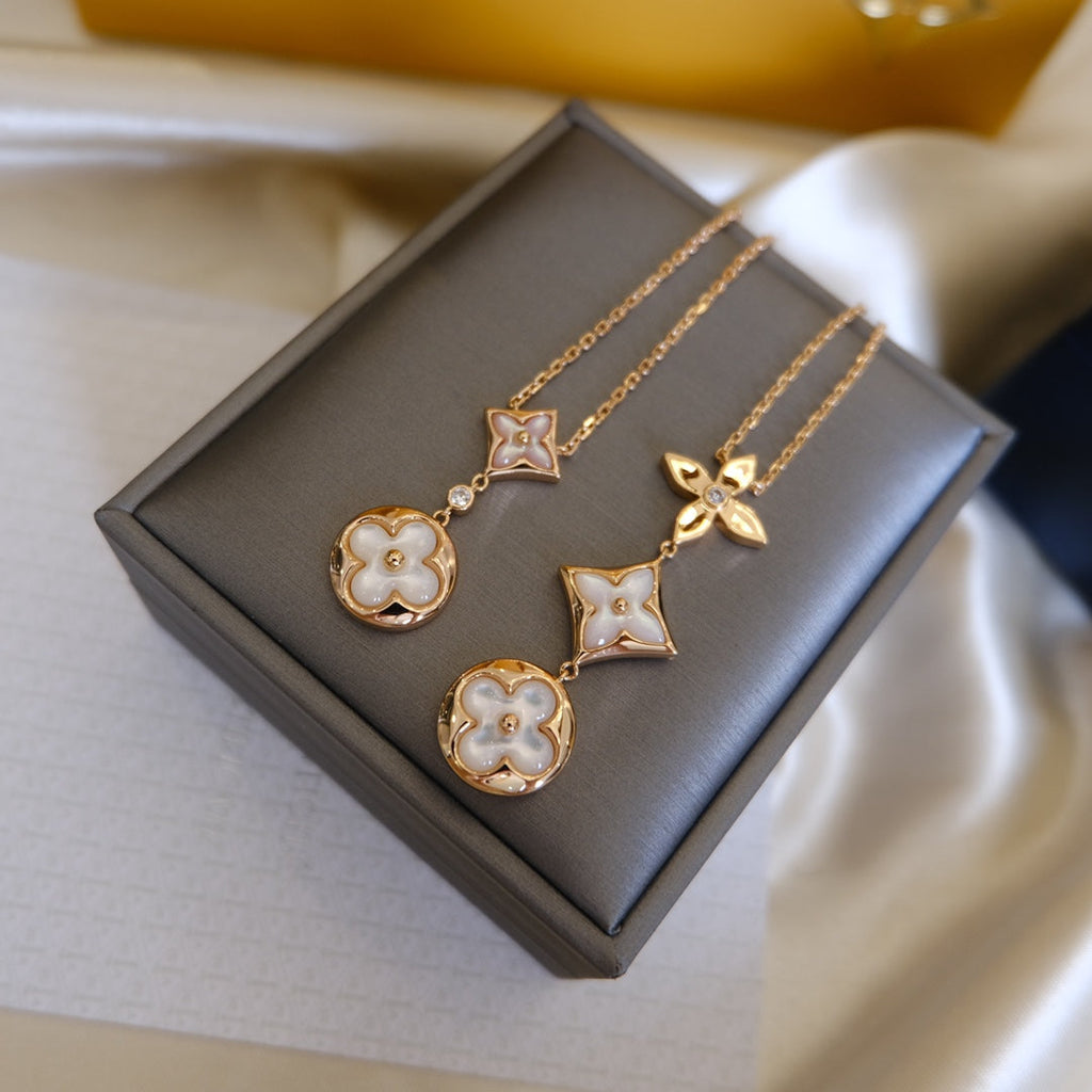 [Solara Jewelry ]COLOR BLOSSOM LARIAT NECKLACE PINK GOLD WHITE MOTHER PEARL AND DIAMOND