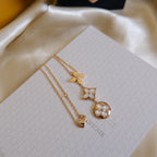 [Solara Jewelry ]COLOR BLOSSOM LARIAT NECKLACE PINK GOLD WHITE MOTHER PEARL AND DIAMOND