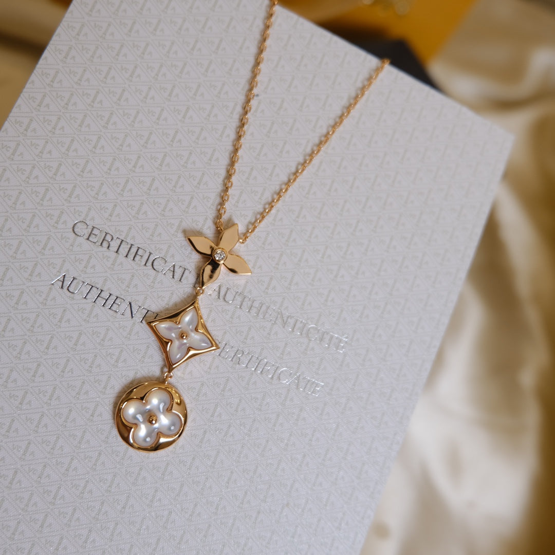 [Solara Jewelry ]COLOR BLOSSOM LARIAT NECKLACE PINK GOLD WHITE MOTHER PEARL AND DIAMOND
