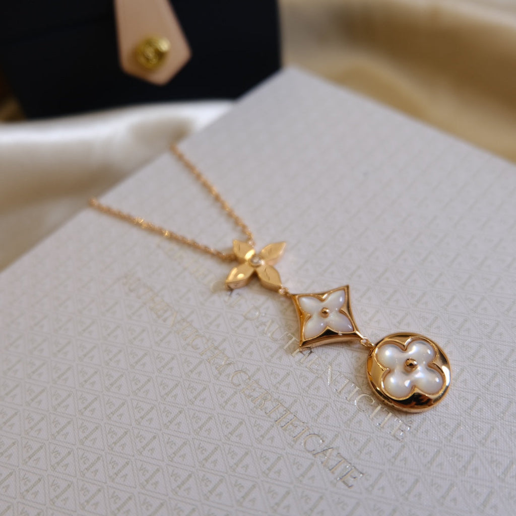 [Solara Jewelry ]COLOR BLOSSOM LARIAT NECKLACE PINK GOLD WHITE MOTHER PEARL AND DIAMOND