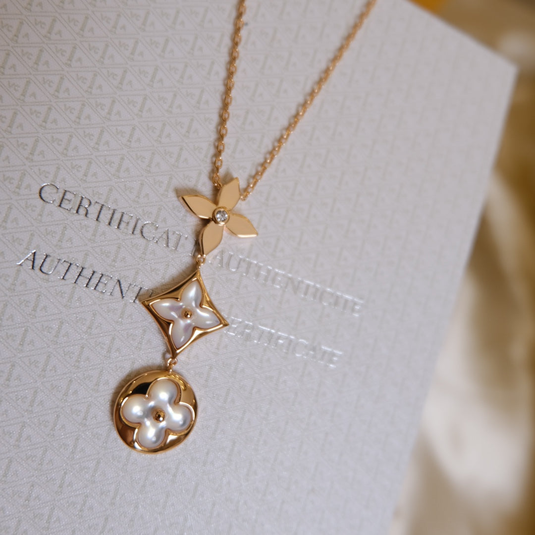 [Solara Jewelry ]COLOR BLOSSOM LARIAT NECKLACE PINK GOLD WHITE MOTHER PEARL AND DIAMOND