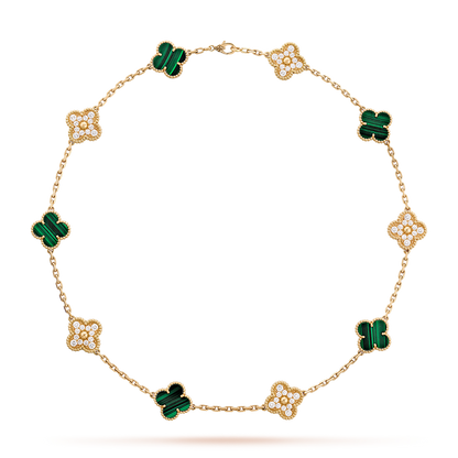 [Solara Jewelry ]クローバー 10モチーフ マラカイト ダイヤモンド ネックレス